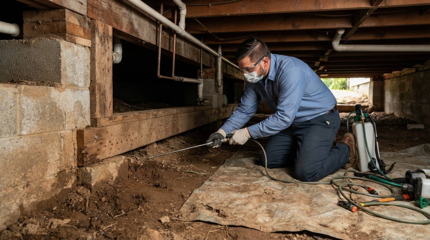 Termite inspection near a home's wooden structure